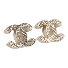 Chanel Half Quilted & Half Crystal CC Stud Earring Gold Hardware