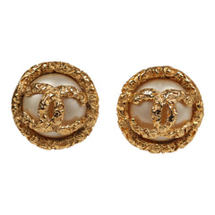 Vintage Chanel 24K Gold Plated Lava CC and Faux Pearl Earrings