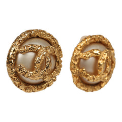 Vintage Chanel 24K Gold Plated Lava CC and Faux Pearl Earrings