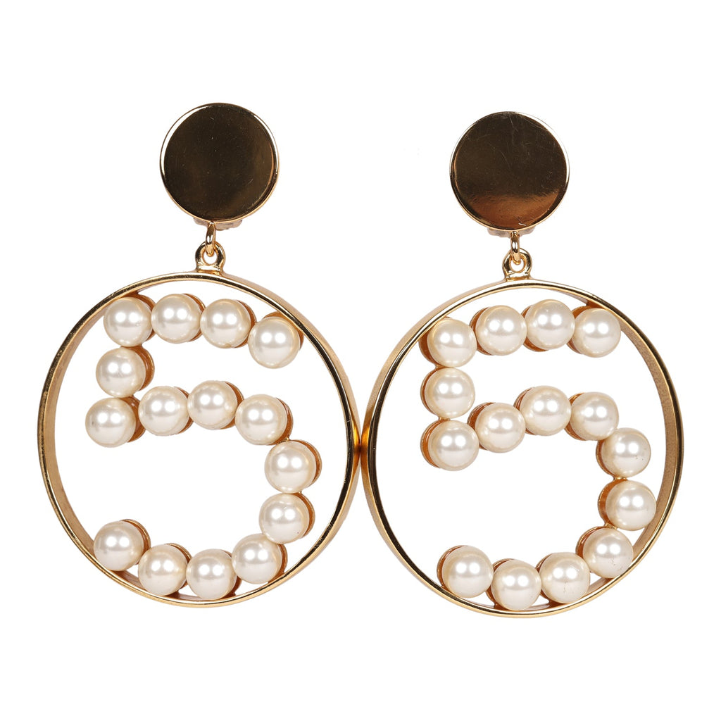 Vintage Chanel Jumbo No. 5 Circle Dangle Earrings Faux Pearl and