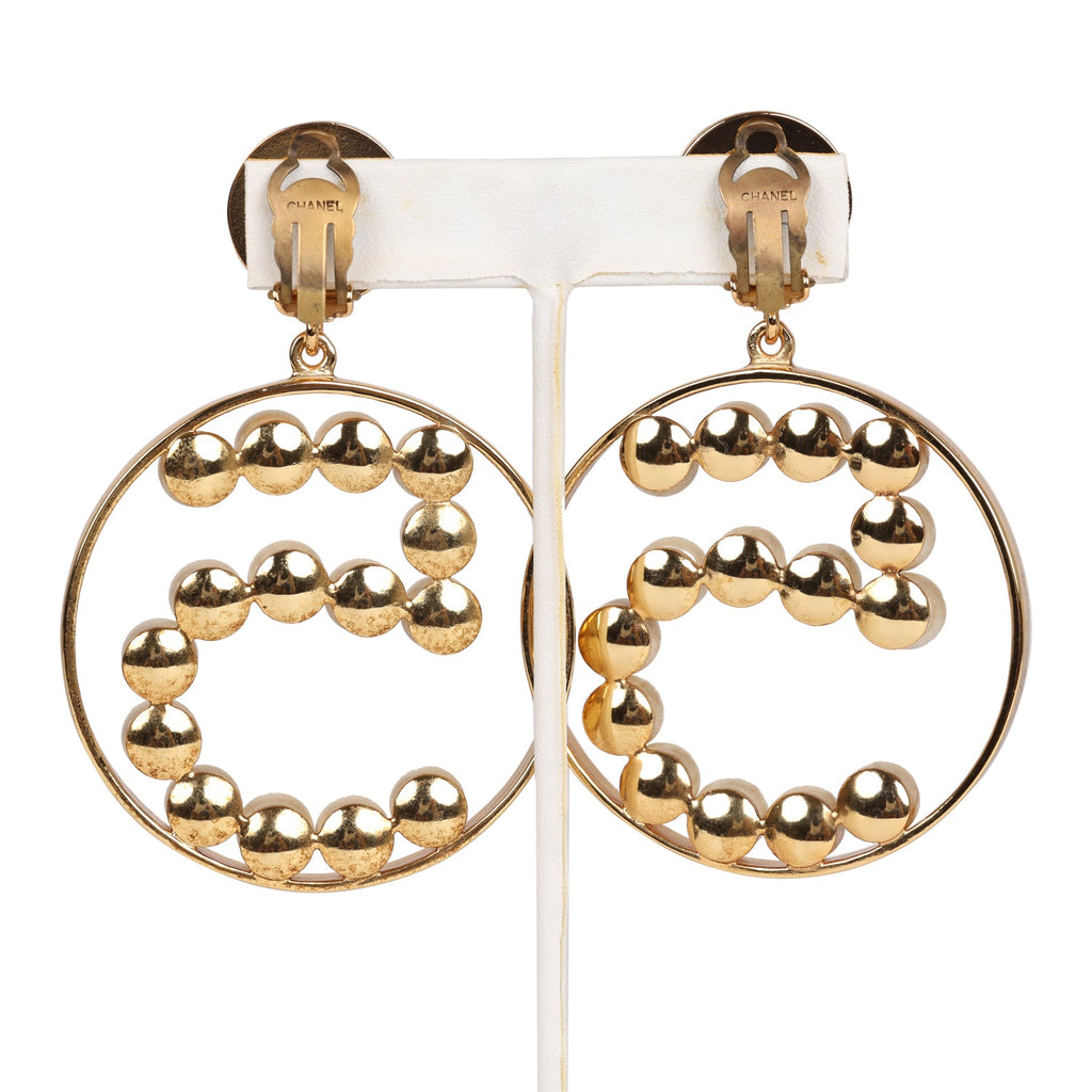 Vintage Chanel Jumbo No. 5 Circle Dangle Earrings Faux Pearl and Gold Metal