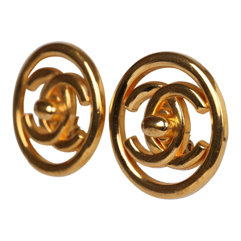Vintage Chanel CC Circle Turnlock Earrings Gold Metal