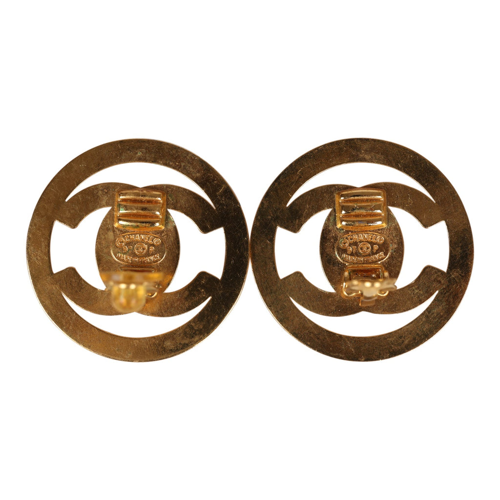 Vintage Chanel earrings CC logo black wood white round