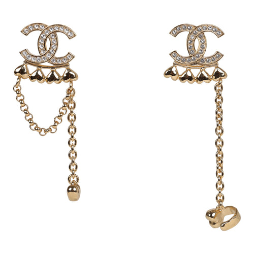 Chanel CC Rhinestone and Gold Metal Dangle Ear Cuff Earrings