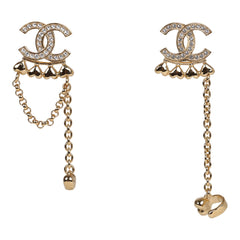 Chanel CC Rhinestone and Gold Metal Dangle Ear Cuff Earrings