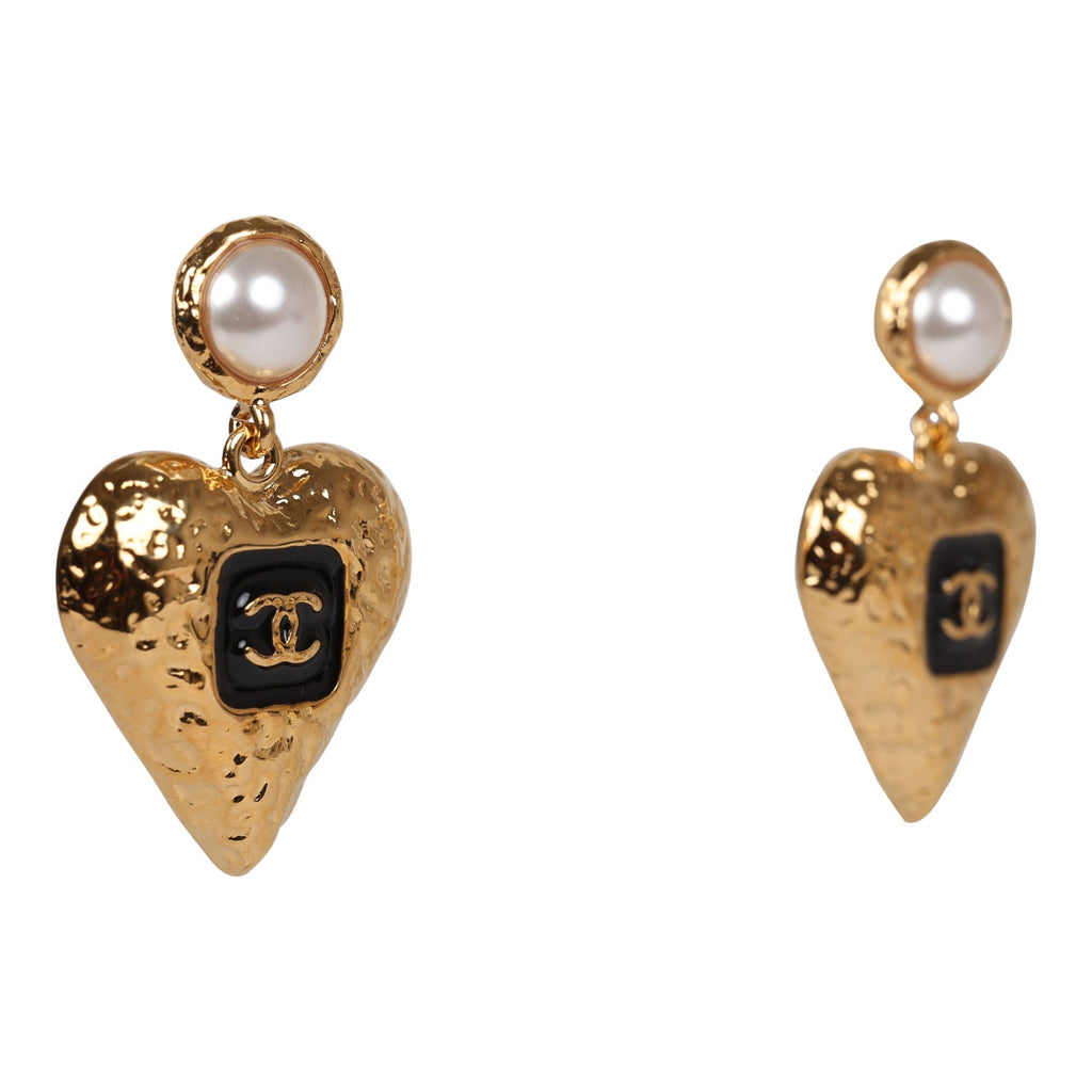 Chanel Heart Shaped CC Black Enamel, Faux Pearl, and Gold Metal Earrings