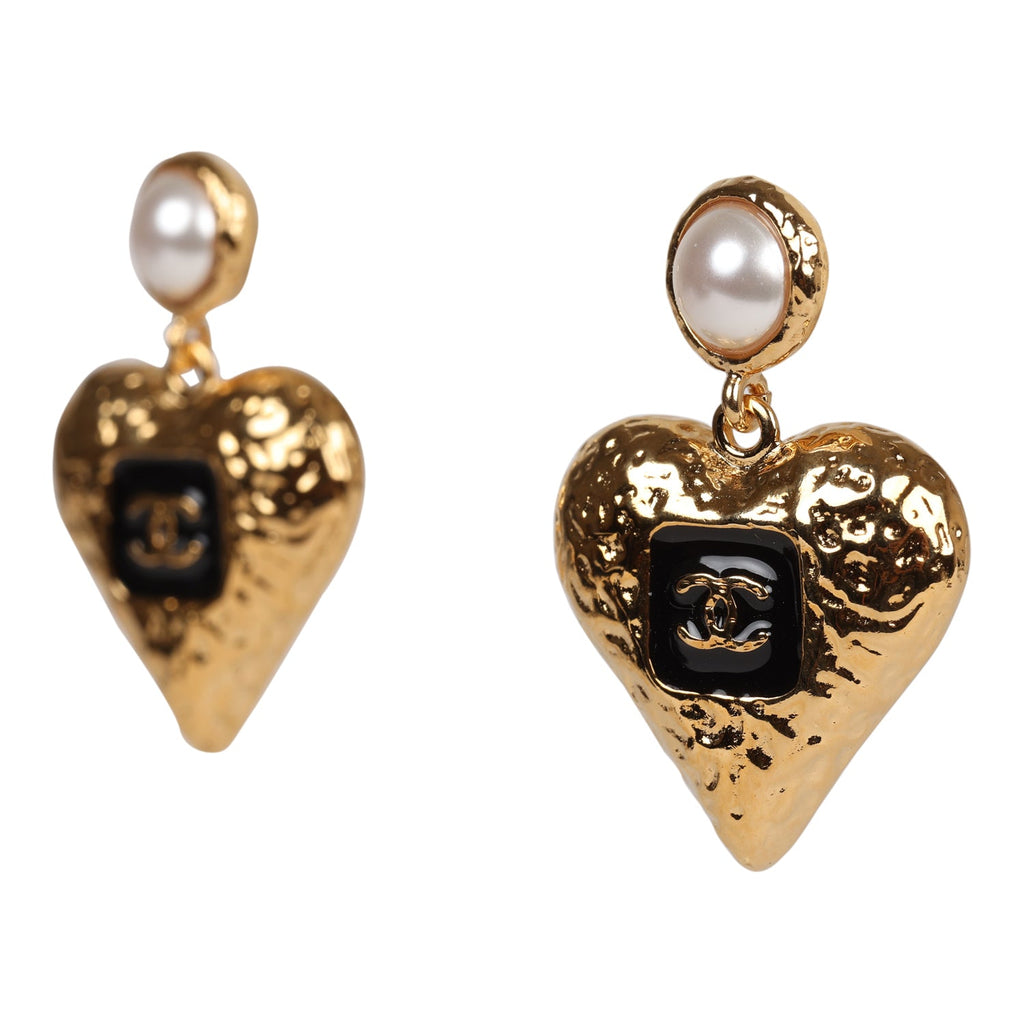 Chanel Vintage Black CC Logo And Faux Pearl Drop Earrings