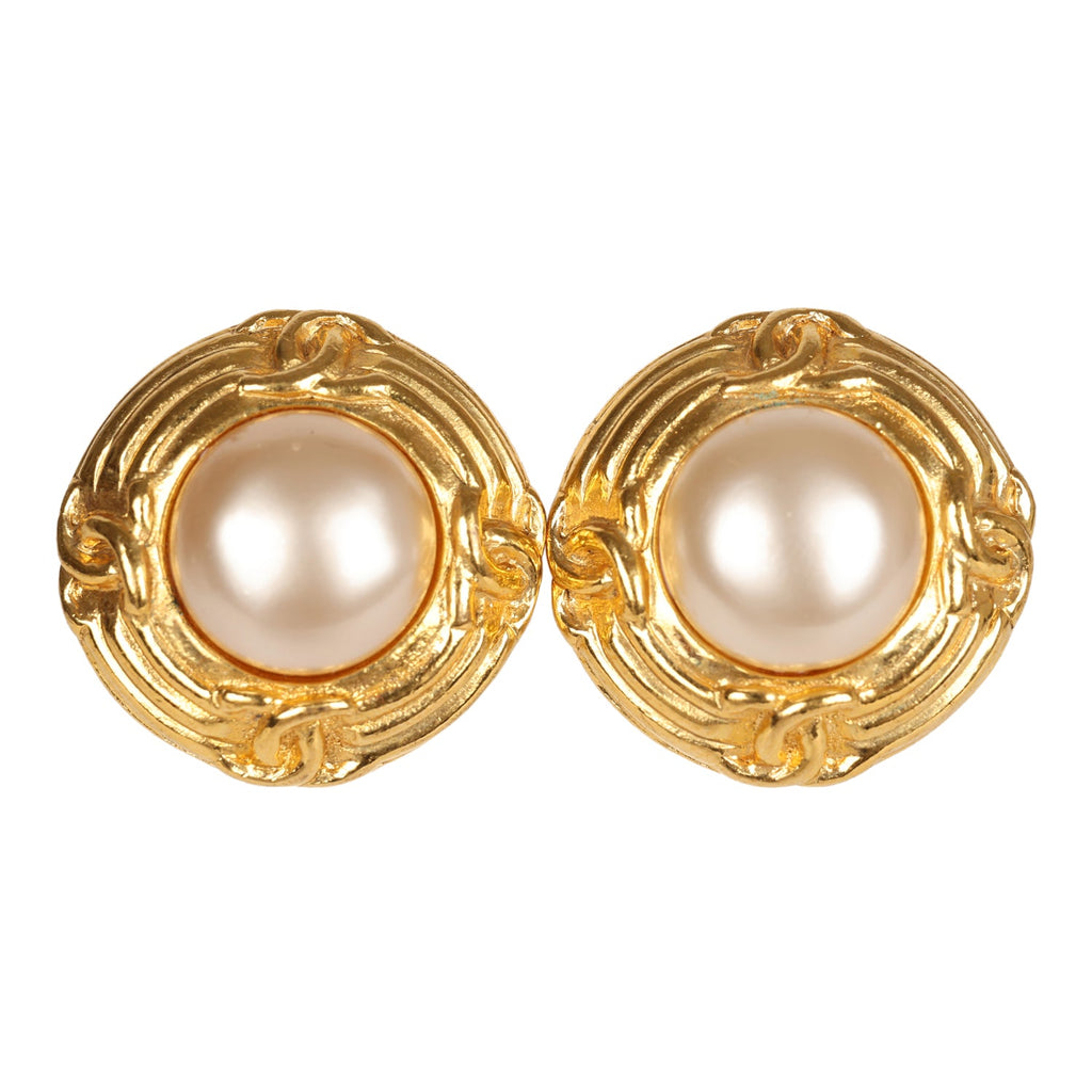 Vintage Chanel Pearl Round CC Button Clip On Earrings Faux Pearl