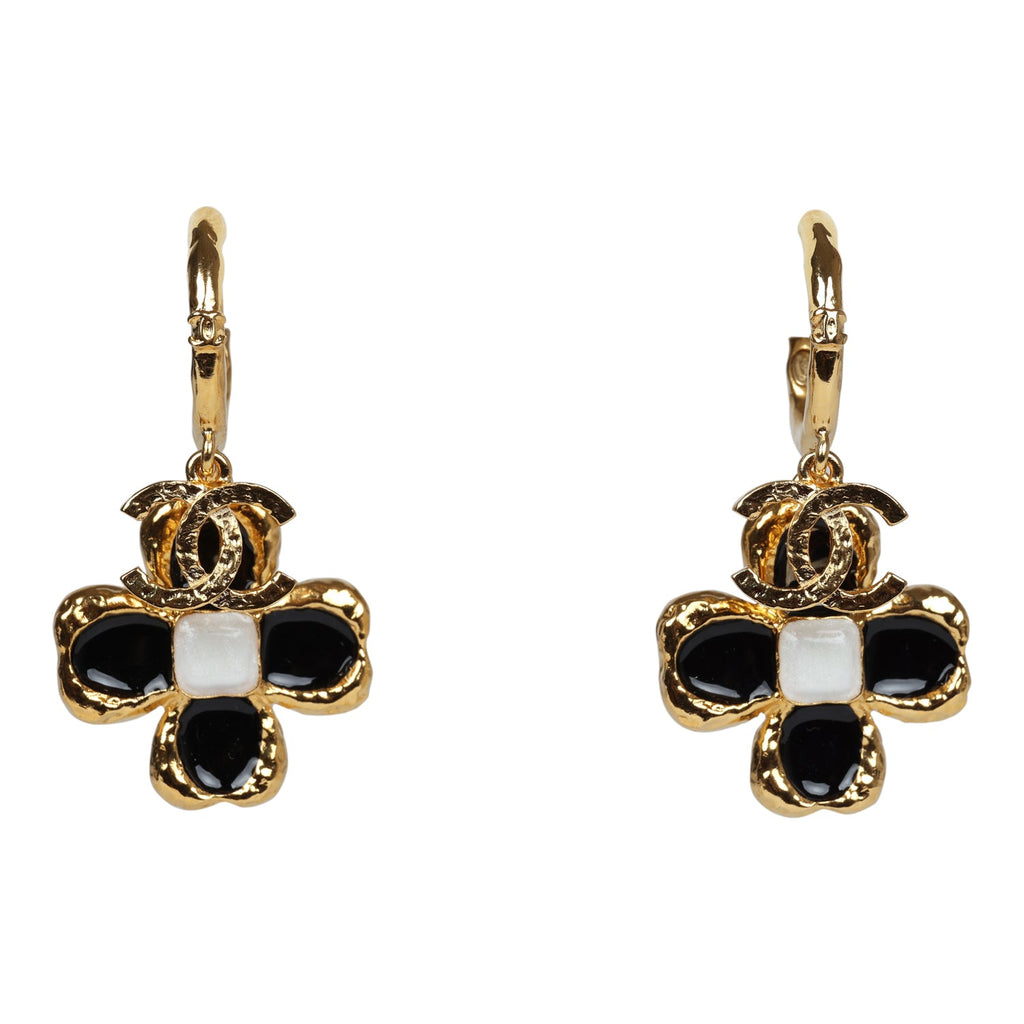 Chanel Flower Dangle CC Earrings Black Enamel Gold Metal