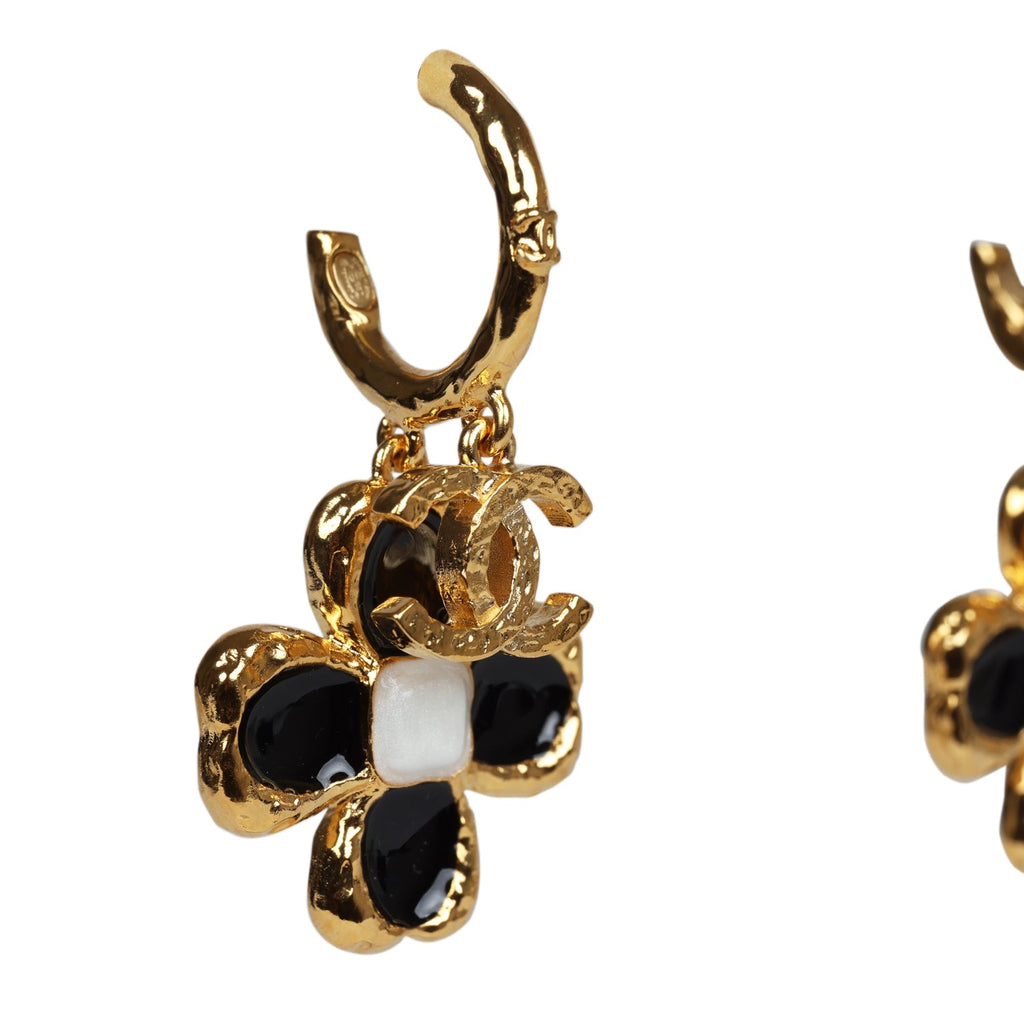 Chanel Flower Dangle CC Earrings Black Enamel & Gold Metal