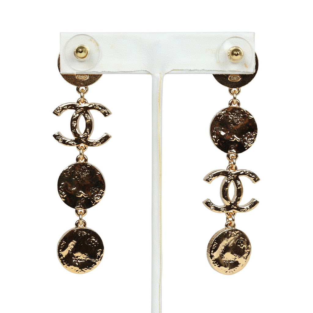 Chanel Round Dangle CC Earrings Black Enamel & Gold Metal