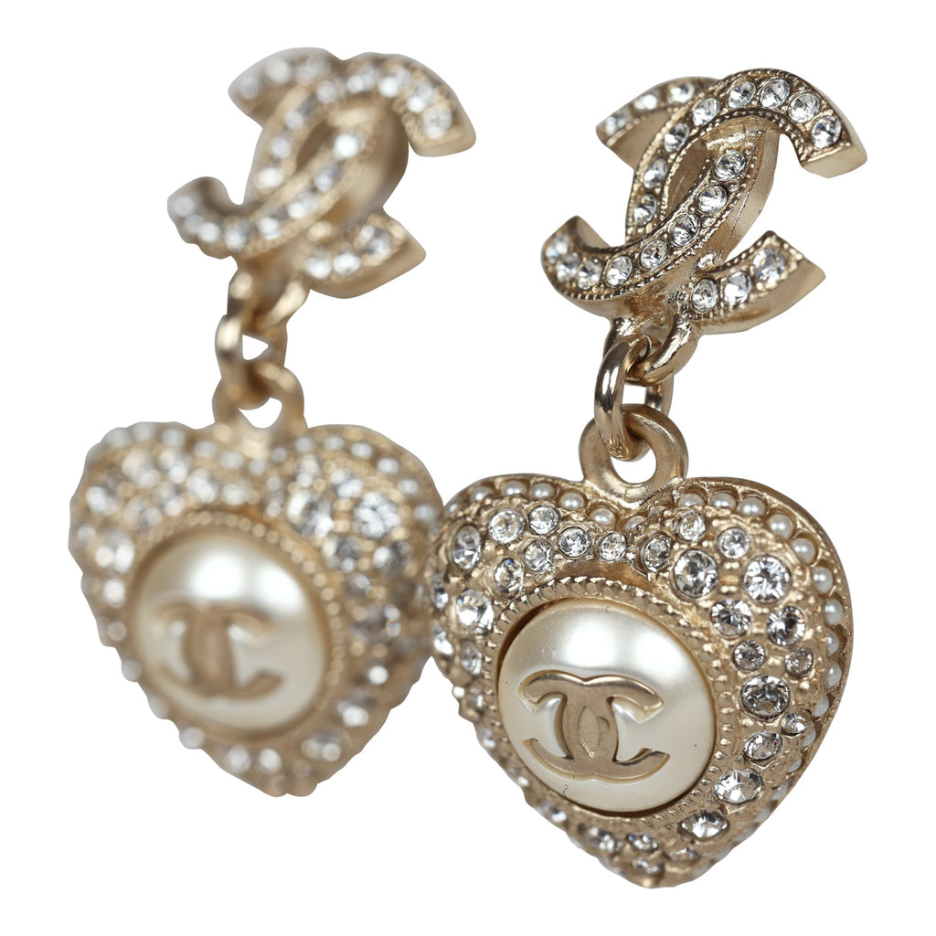 Chanel Crystal Heart Dangle CC Earrings Faux Pearl Light Gold Metal