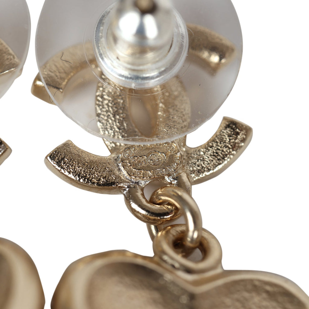 Chanel Crystal Heart Dangle CC Earrings Faux Pearl Light Gold Metal