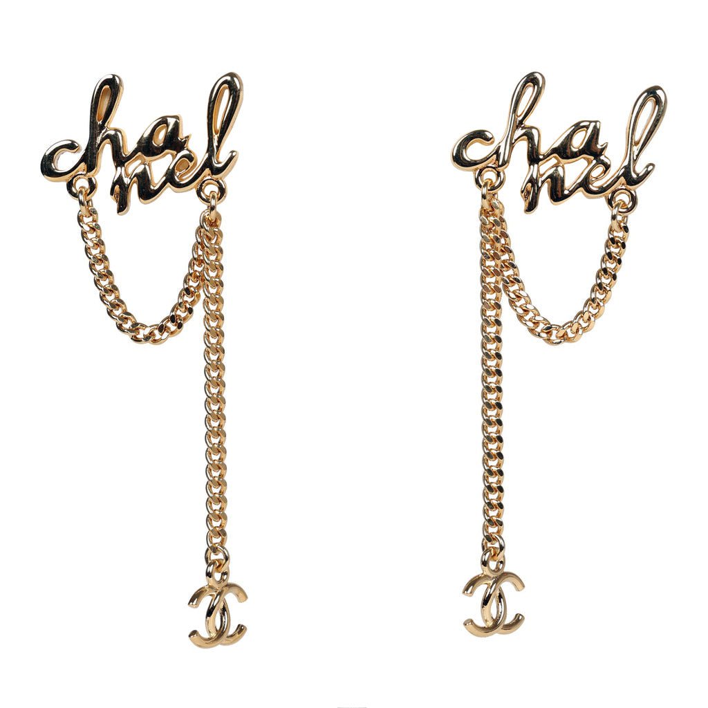 Chanel Logo Drop Chain Earrings Gold Metal