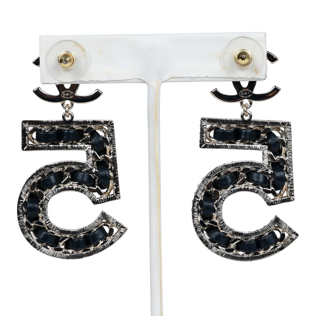 Chanel Crystal CC No 5 Chain Drop Dangle Earrings Black Leather Light Gold Metal