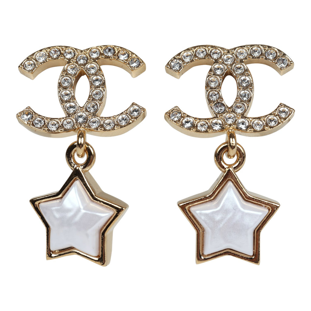 Chanel Crystal and Pearl CC Star Dangle Earrings Gold Hardware