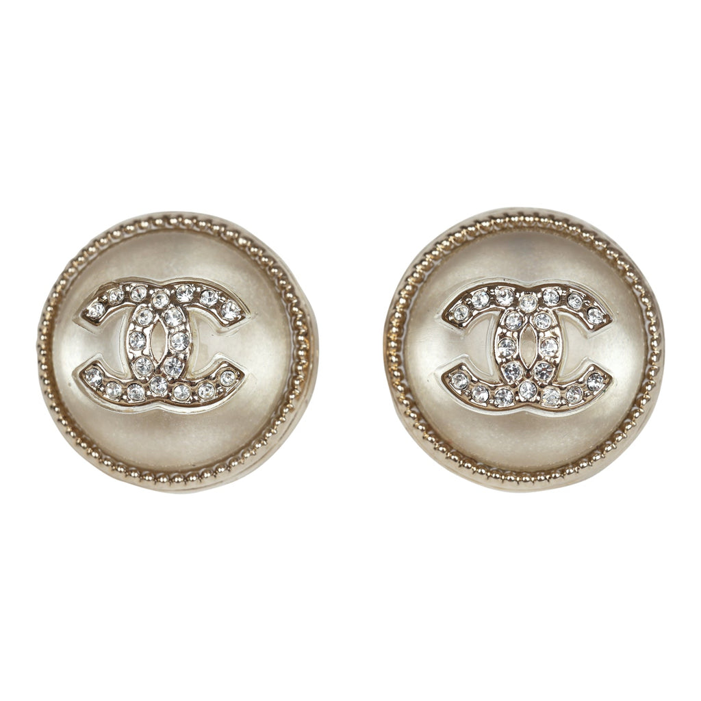 Chanel Crystal CC Round Pearl Stud Earrings Light Gold Hardware