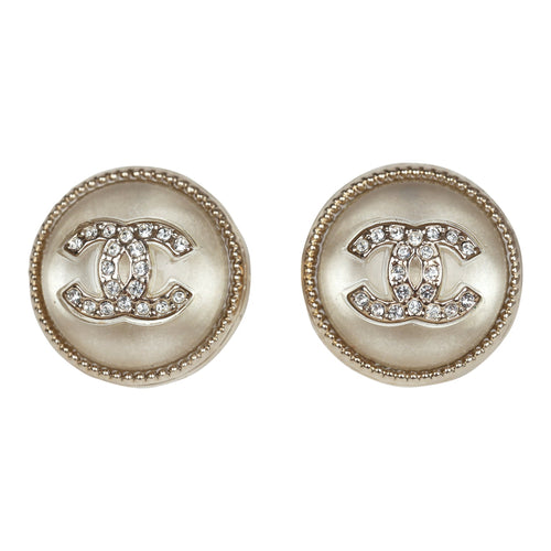 Chanel Crystal CC Round Pearl Button Earrings Light Gold Hardware
