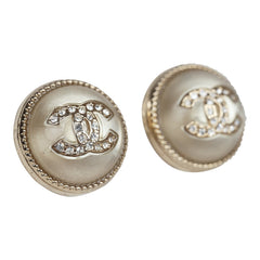 Chanel Crystal CC Round Pearl Button Earrings Light Gold Hardware