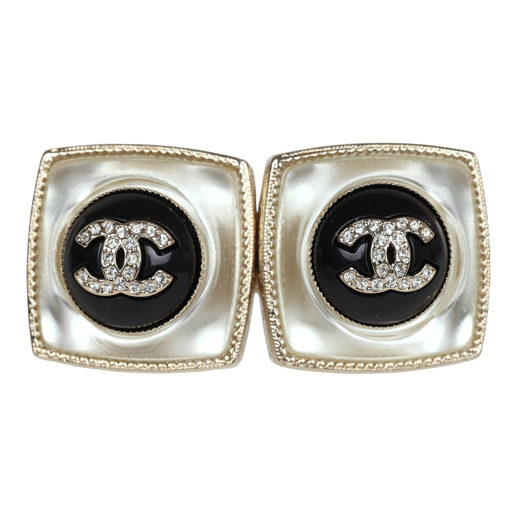 Chanel Crystal CC Square Pearl Stud Earrings Light Gold Hardware Ivory/Black New Pearl/Crystal
