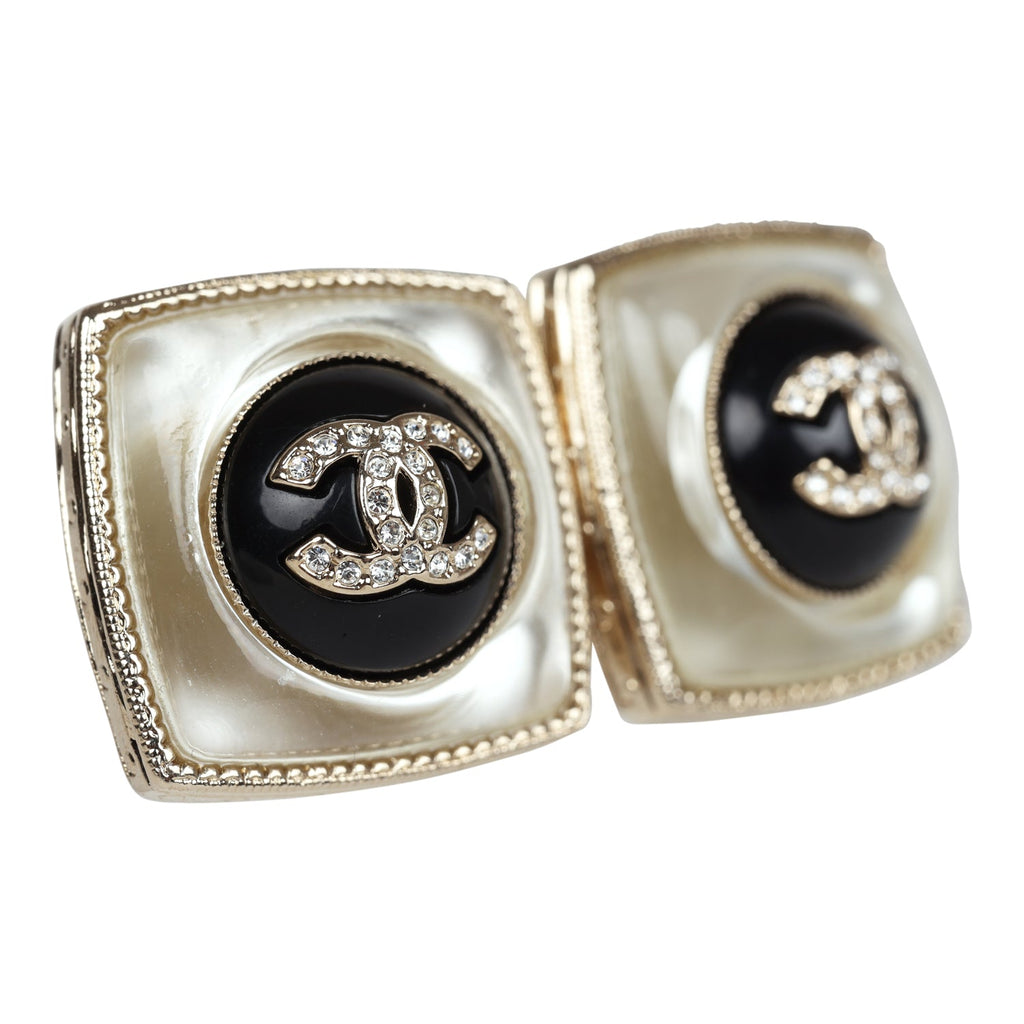 Chanel Crystal CC Square Pearl Stud Earrings Light Gold Hardware