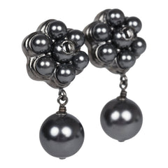 Chanel Flower Pearl Cluster Dangle Earrings Dark Grey Ruthenium Hardware
