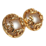 Vintage Chanel CC Round Pearl Earrings Gold Hardware