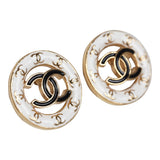 Chanel CC Round Stud Earrings White/Black Enamel Gold Hardware