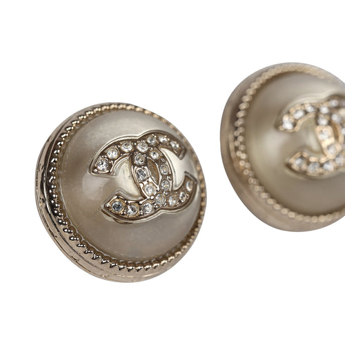 Chanel Crystal CC Round Pearl Button Earrings Light Gold Hardware