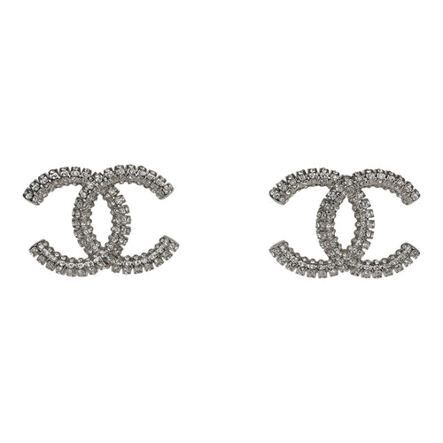 Chanel Large Crystal CC Stud Earrings Silver Hardware