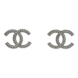 Chanel Large Crystal CC Stud Earrings Silver Hardware