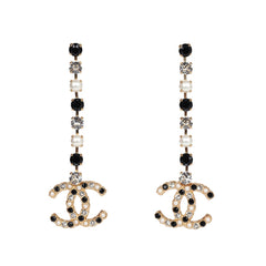 Chanel CC Black/White Crystals and Pearls Drop Earrings Gold Hardware