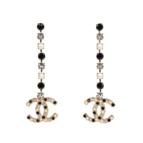 Chanel CC Black/White Crystals and Pearls Drop Earrings Gold Hardware