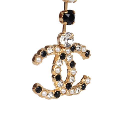 Chanel CC Black/White Crystals and Pearls Drop Earrings Gold Hardware