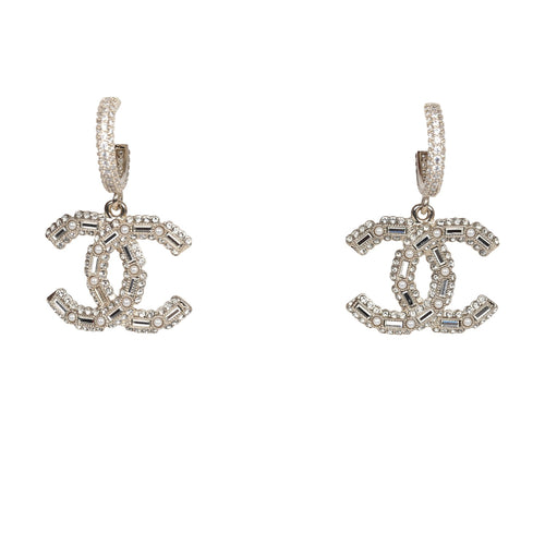Chanel Crystal CC Dangle Hoop Earrings Silver Light Gold Hardware