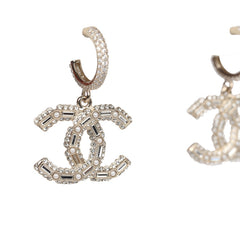 Chanel Crystal CC Dangle Hoop Earrings Silver Light Gold Hardware