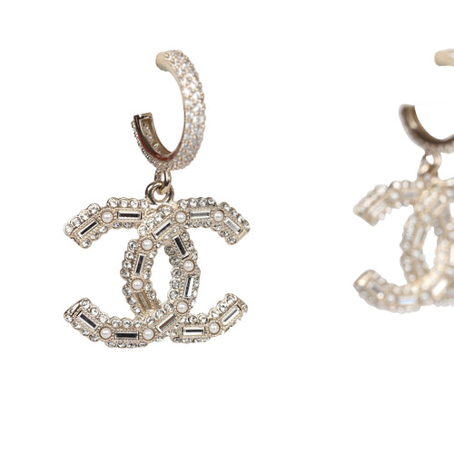 Chanel Crystal CC Dangle Hoop Earrings Silver Light Gold Hardware