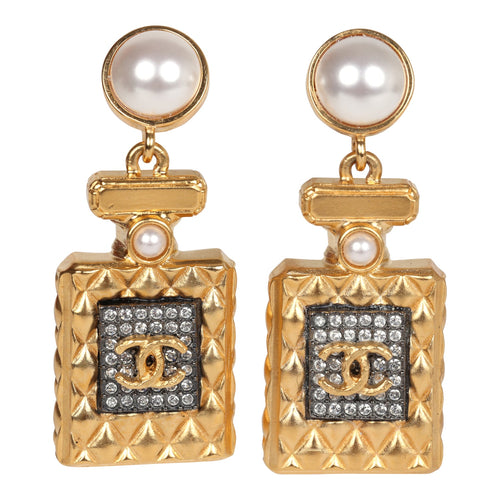 Chanel Crystal Pearl Perfume Bottle Dangle Earrings Gold Hardware