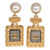 Chanel Crystal Pearl Perfume Bottle Dangle Earrings Gold Hardware