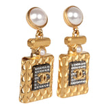 Chanel Crystal Pearl Perfume Bottle Dangle Earrings Gold Hardware