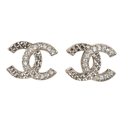 Chanel Small Quilted Crystal CC Stud Earrings Light Gold Hardware