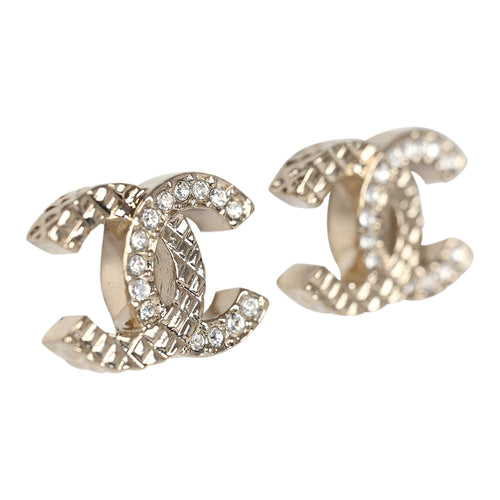 Chanel Small Quilted Crystal CC Stud Earrings Light Gold Hardware