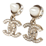 Chanel Pearl Spike CC Crystal Dangle Earrings Light Gold Hardware