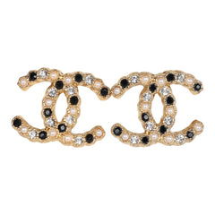 Chanel CC Black/White Crystals and Pearls Stud Earrings Gold Hardware
