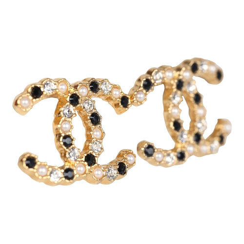 Chanel CC Black/White Crystals and Pearls Stud Earrings Gold Hardware
