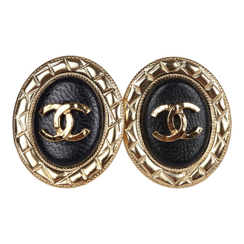 Chanel Oval CC Leather Earrings Black Gold Hardware