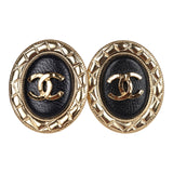 Chanel Oval CC Leather Earrings Black Gold Hardware