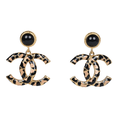 Chanel Large Leopard Print CC Dangle Earrings Black and Brown Enamel Gold Hardware