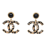 Chanel Large Leopard Print CC Dangle Earrings Black and Brown Enamel Gold Hardware