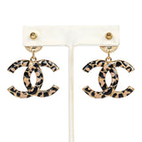 Chanel Large Leopard Print CC Dangle Earrings Black and Brown Enamel Gold Hardware